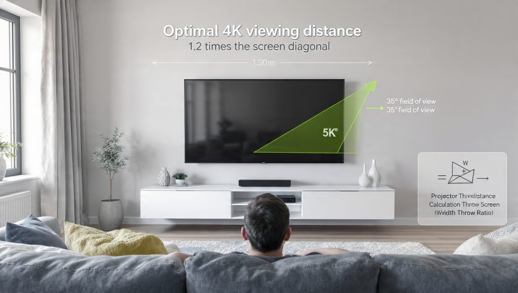 Home theater distance diagram showing recommended 4K viewing distance and 35° viewing angle.