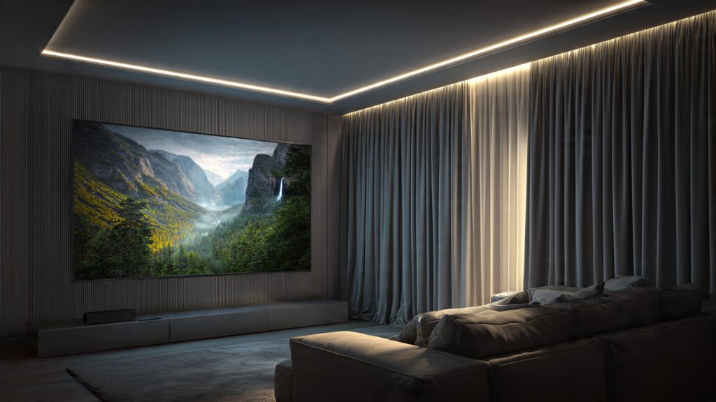 Home theater room with 6500K bias lighting behind a wall-mounted TV.