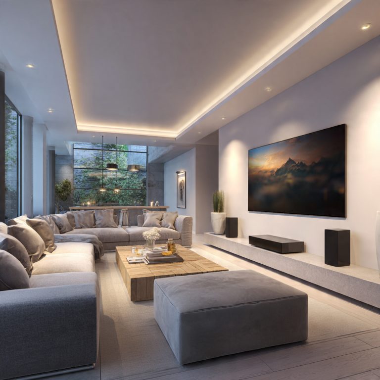 Modern living room with a wall-mounted TV and integrated home entertainment system including soundbar and surround speakers