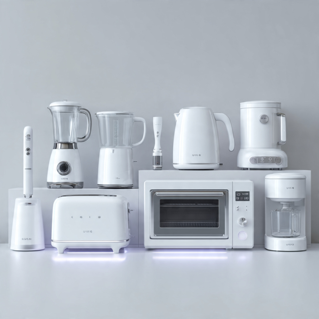 Twelve white luxury kitchen gadgets neatly arranged on a glossy white countertop in a clean minimal kitchen.