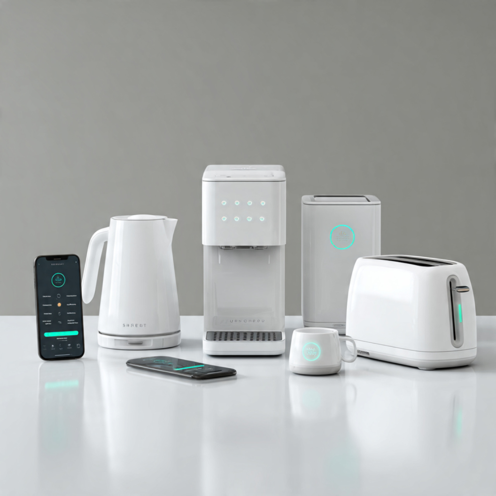 White smart coffee machine synced with other smart kitchen appliances on a glossy white countertop with connection icons.