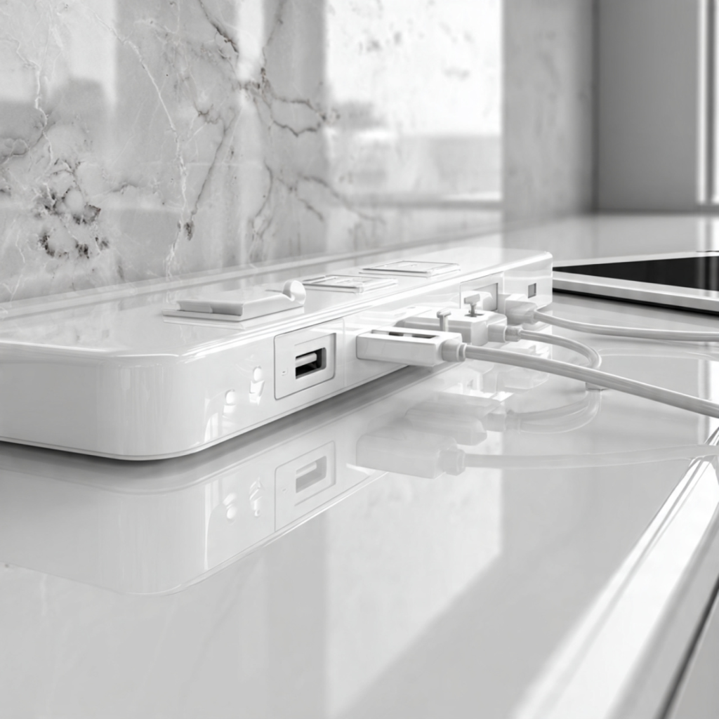 White countertop charging hub with surge protection, USB-C ports, and neatly connected white cables in a clean minimal space.