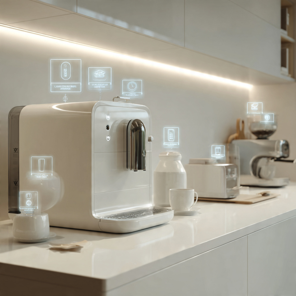 White high-end coffee machine with milk frother, grinder, and feature icons on a glossy white countertop in a minimal kitchen.