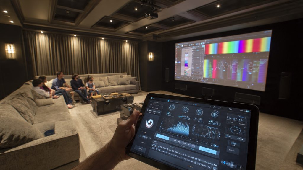 Luxury home theater being calibrated with test patterns, EQ tablet, and measurement microphone.