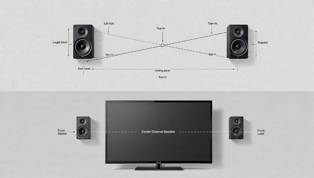 Two diagrams showing optimal speaker placement: top-down equilateral triangle toe-in setup, and front view with center speaker at ear level beneath TV.