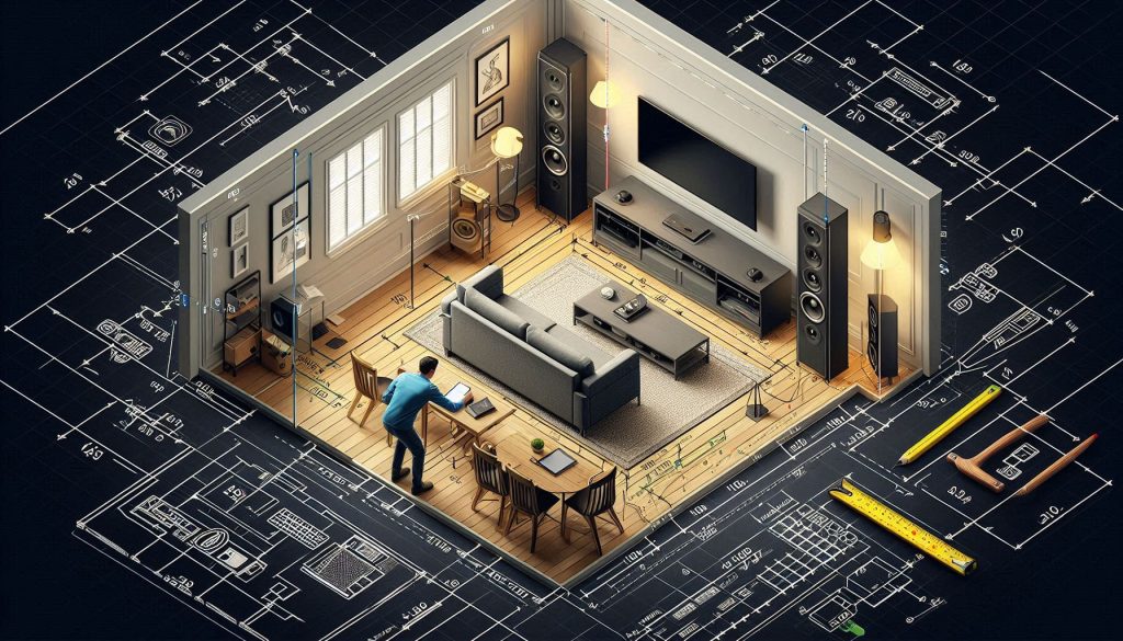 Overhead isometric diagram of a room measured for a home theater setup, showing dimensions, windows, doors, speaker and seating positions, with a person drafting a floor plan.