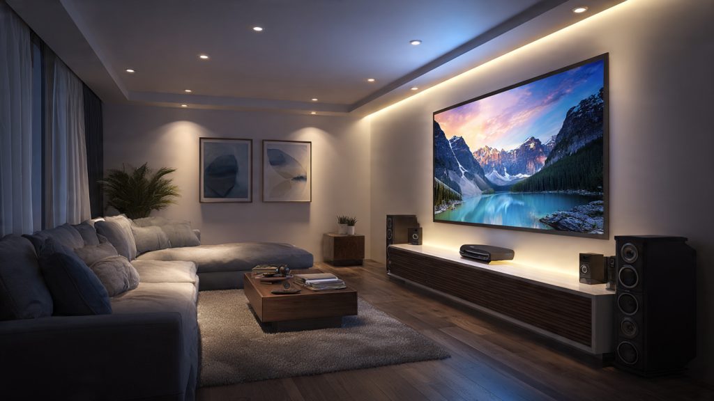 Modern home theatre room with large 4K TV, surround sound speakers, cozy seating, LED lighting, and entertainment devices set up neatly.
