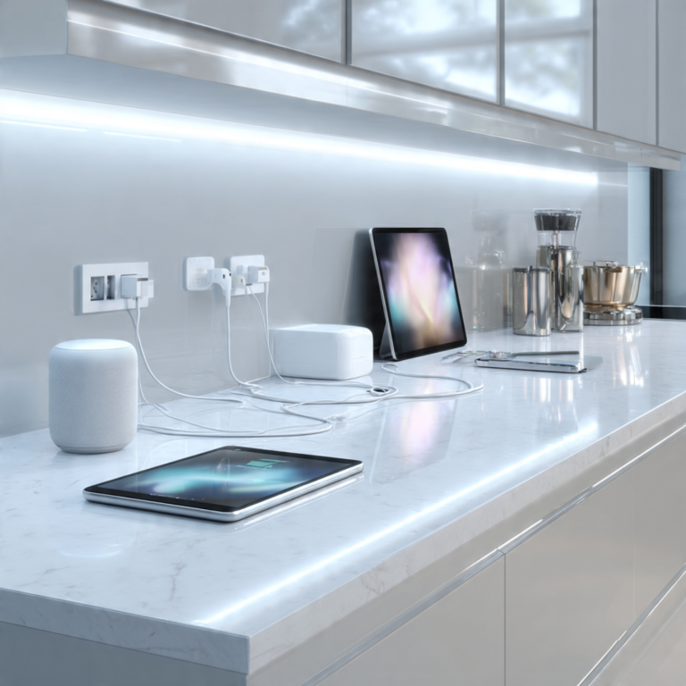 White kitchen countertop with a USB-C fast-charging hub powering multiple devices in a clean minimal space.