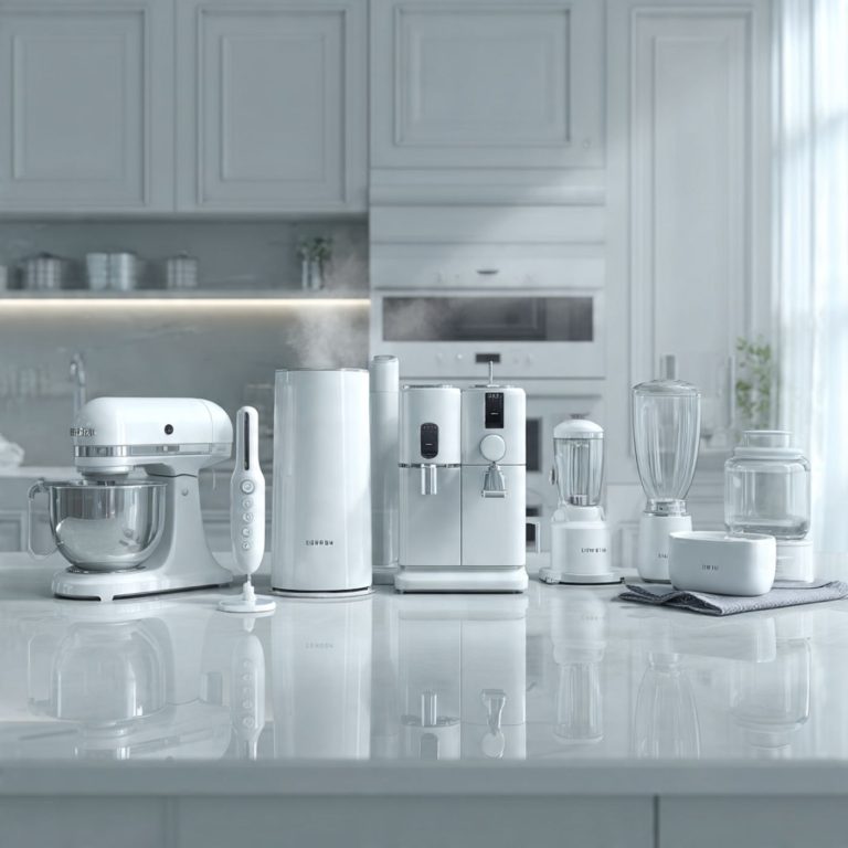 White luxury kitchen gadgets on a glossy countertop being gently cleaned and sanitized in a minimal white kitchen.