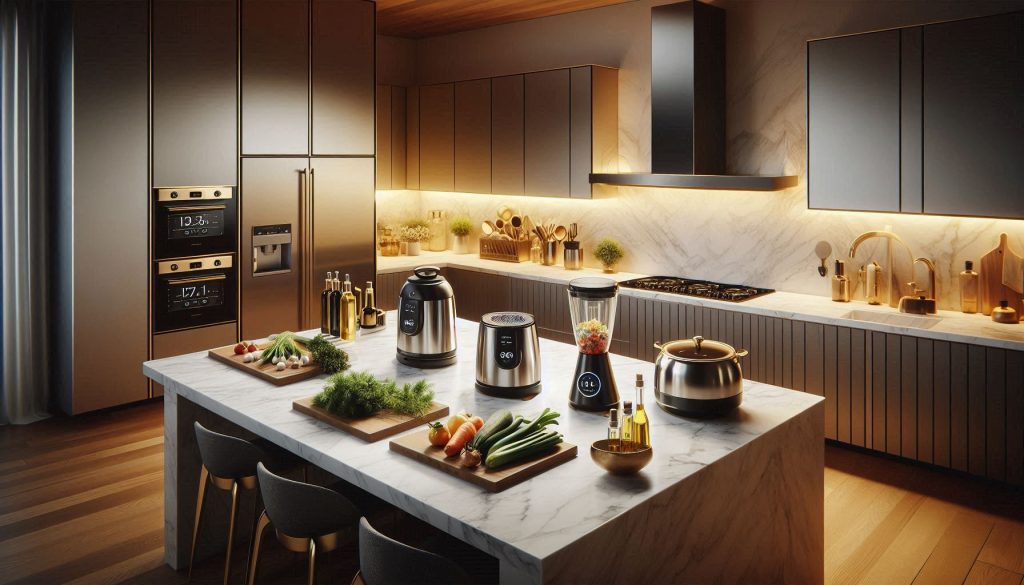 Modern smart kitchen essentials featuring connected appliances and a tablet dashboard.