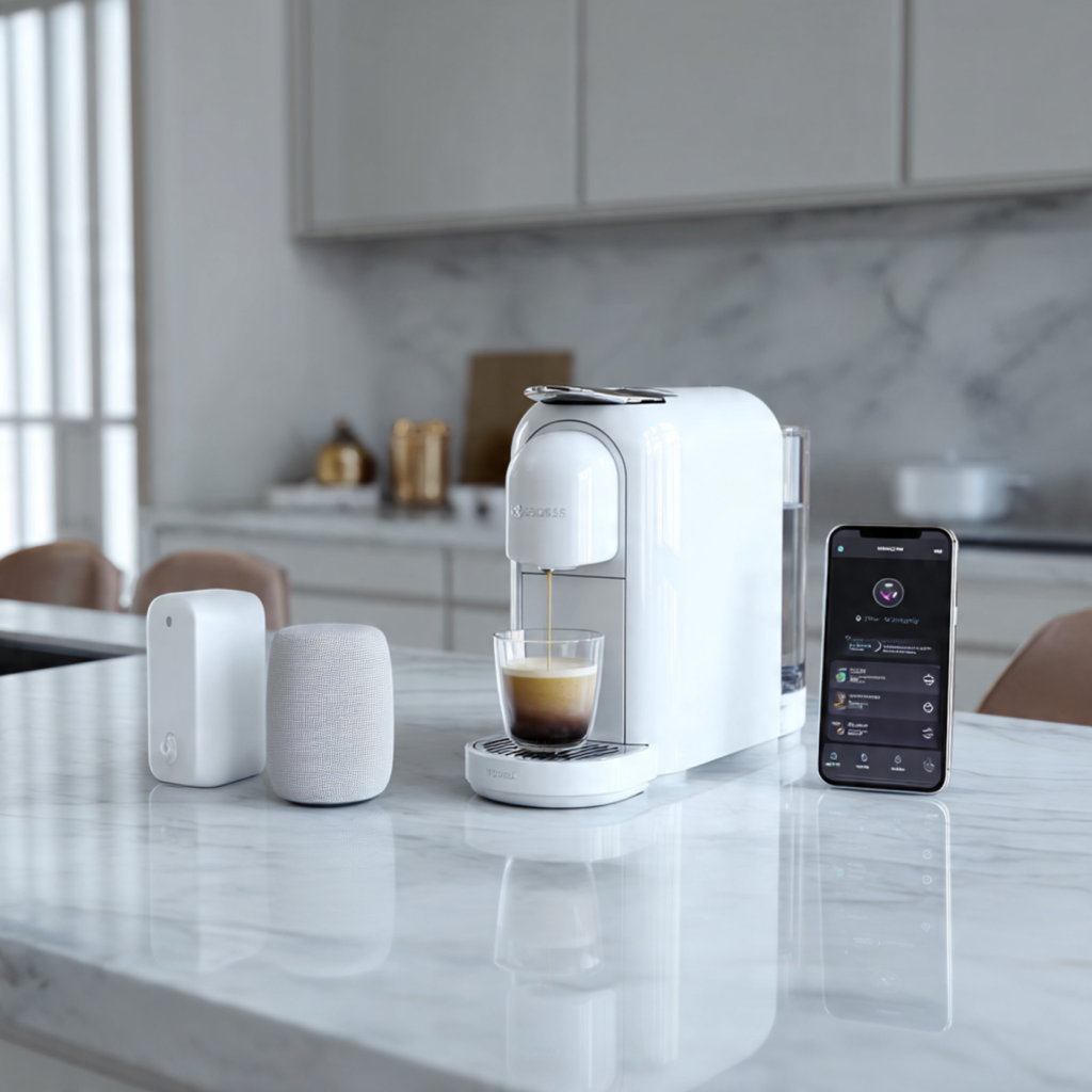 White smart coffee machine paired with Alexa and Google Home devices on a glossy white countertop with wireless connection icons.