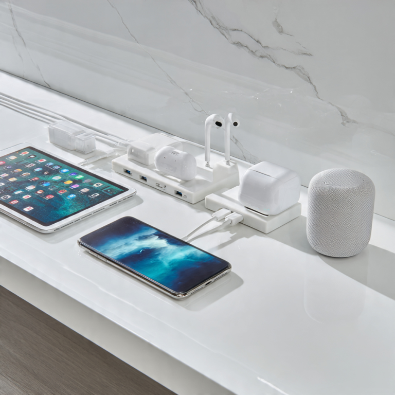 White multi-device charging hub with LED indicators powering several devices on a clean white countertop.