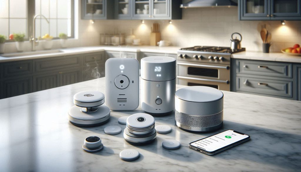 Smart kitchen multi-sensor safety kit including smoke, gas, CO and water leak detectors on a modern countertop