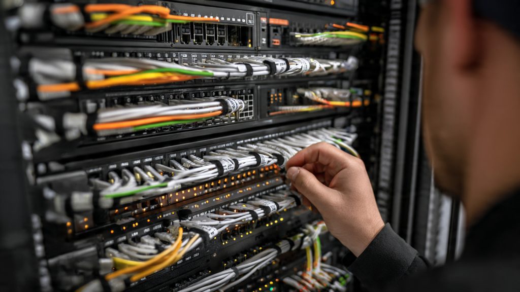 Person labeling neatly organized cables in a new high-end AV rack setup.