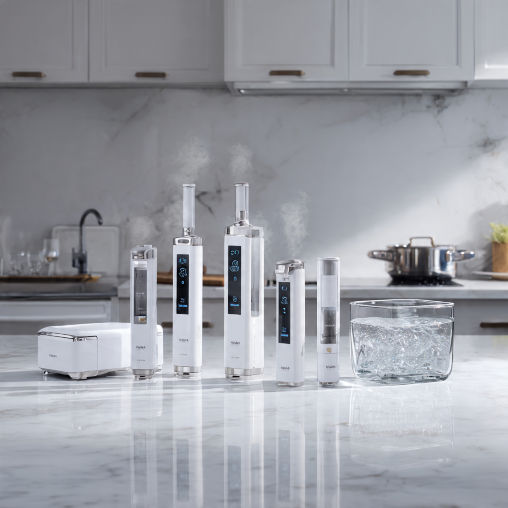 White professional sous vide circulators arranged for comparison on a glossy white countertop with temperature indicators.