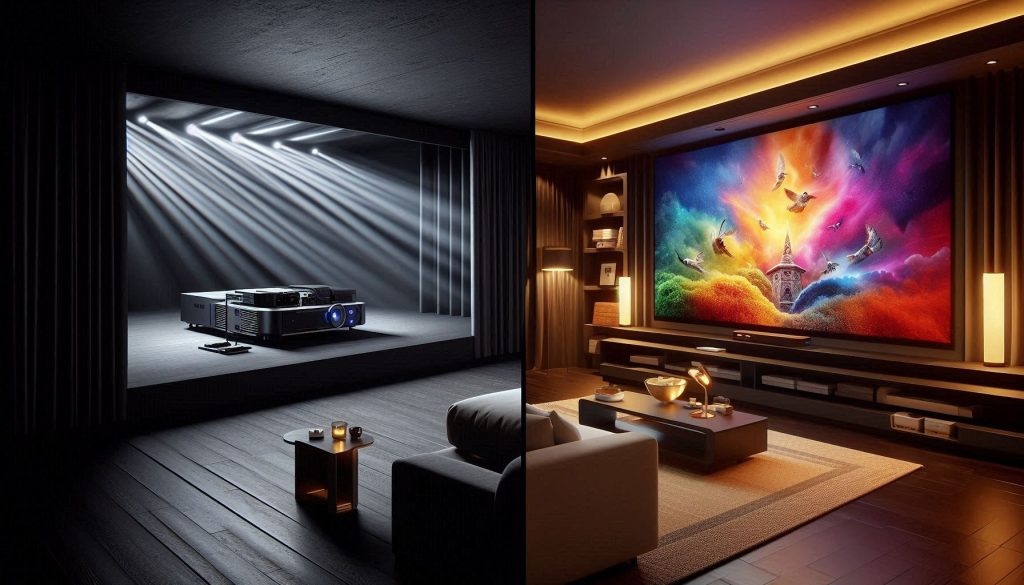 Side-by-side comparison showing a projector setup in a dark cinema room versus an OLED/QLED TV in a bright living room.