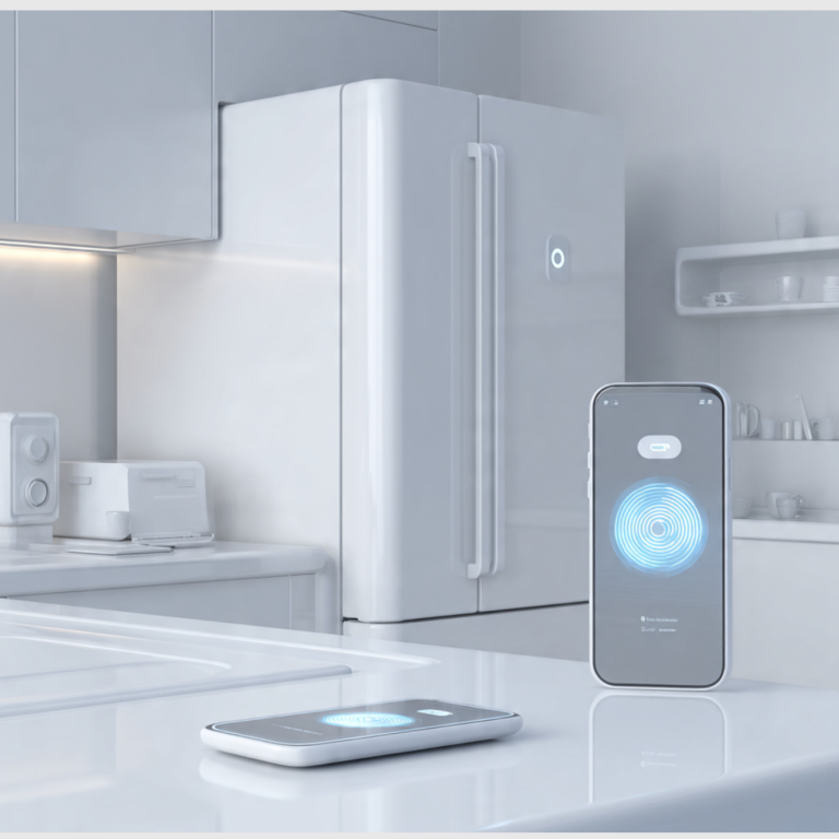 White smart appliance with a glowing connection icon and smartphone showing reconnection steps in a minimal white space.