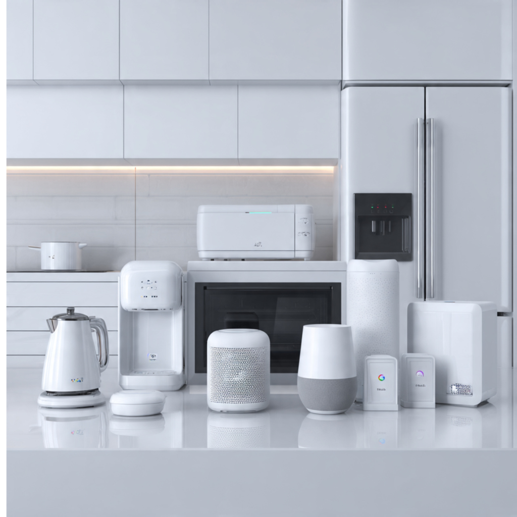 White smart appliances arranged on a glossy surface with Alexa, Google Home, and HomeKit compatibility icons.