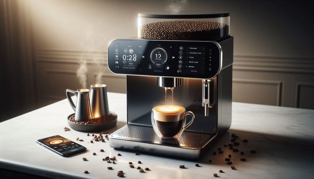 Smart bean-to-cup coffee machine brewing espresso beside a phone showing remote brew controls.