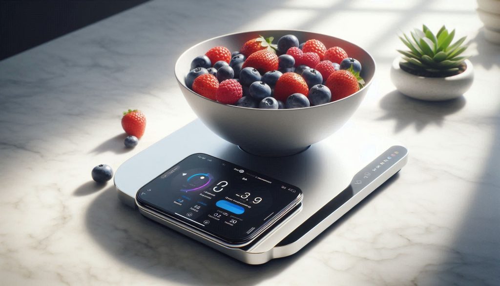 Minimalist digital kitchen scale with a bowl of berries next to a smartphone showing real-time nutrition tracking.