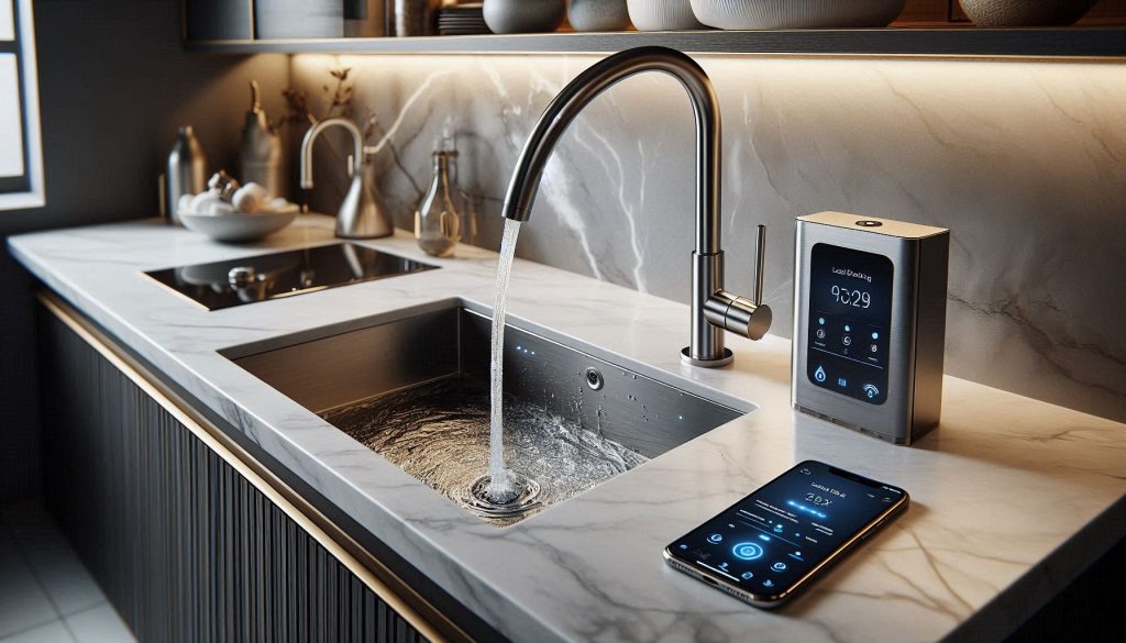 Touchless smart faucet with water monitoring system and phone displaying leak detection and water usage stats.