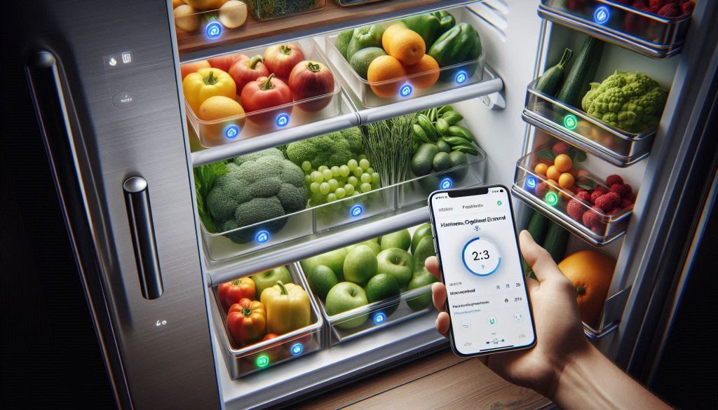 Smart fridge interior with food sensors and humidity packs keeping produce fresh.