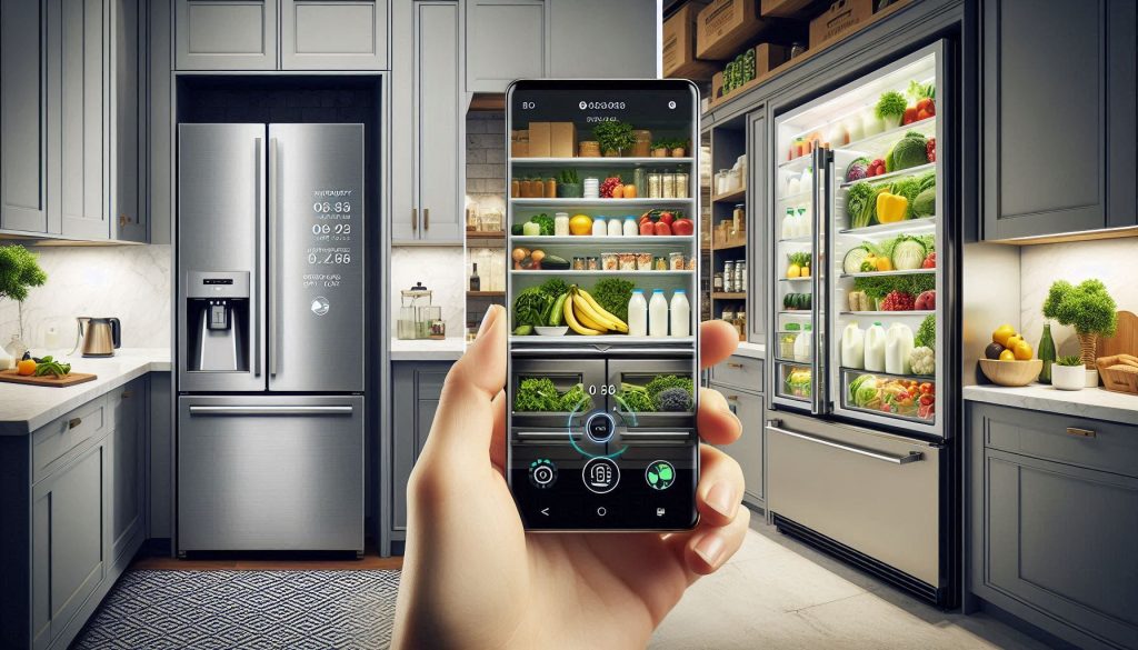 Split-screen image showing a smart refrigerator with touchscreen and a phone displaying a live inside-fridge camera view while shopping.