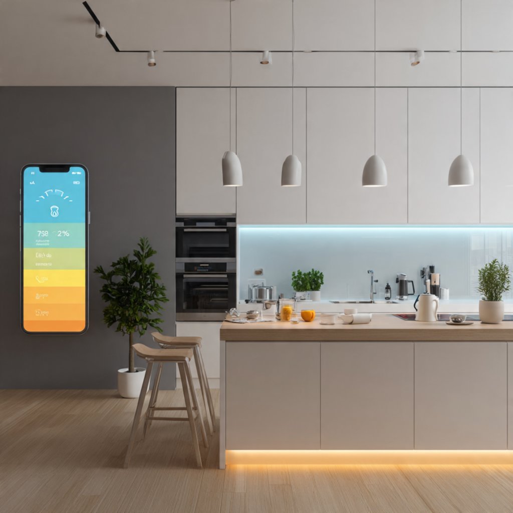White smart kitchen appliances on a glossy white countertop with floating energy-efficiency icons and a tablet showing dashboard.