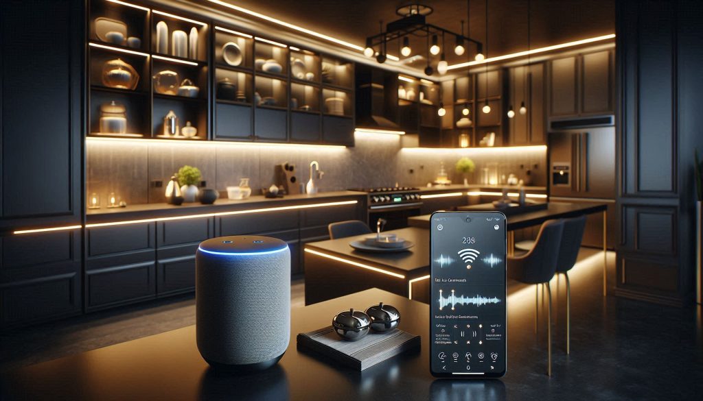Smart lighting system with voice assistant hub in modern luxury kitchen-living interior