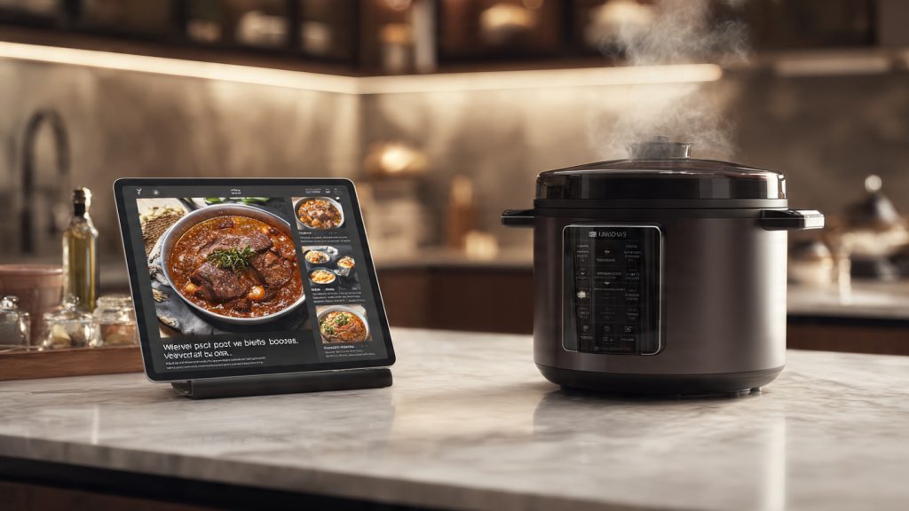 Luxury smart multicooker with rising steam beside a tablet displaying a beef stew digital recipe.