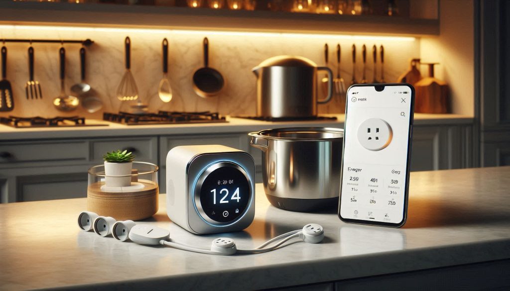 Smart plug and energy monitor controlling a kitchen appliance with a phone showing real-time energy usage.