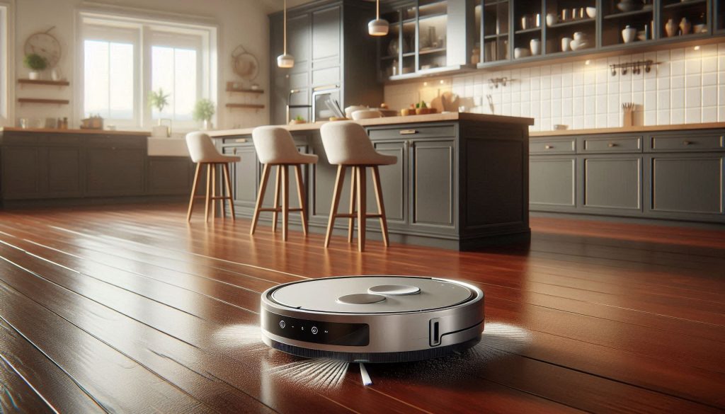 Slim robot vacuum mop hybrid cleaning hardwood floor while detecting crumbs near kitchen island.