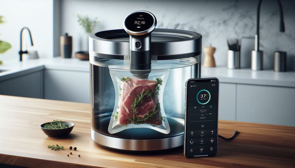 Smart sous-vide precision cooker attached to a water bath with a smartphone showing temperature and timer control.