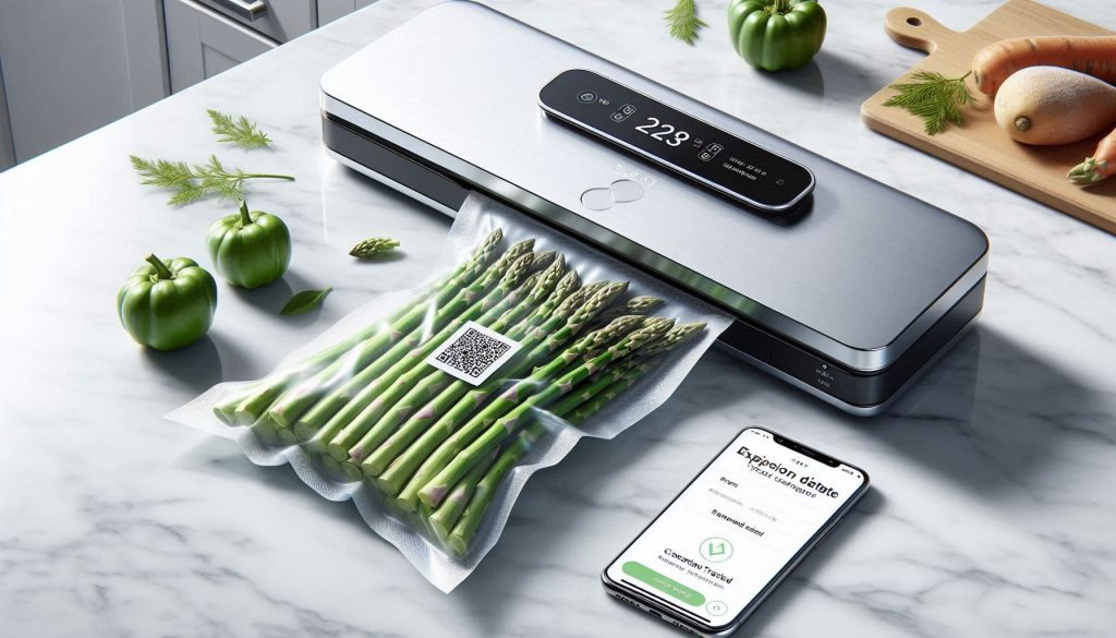 Smart vacuum sealer sealing asparagus with a QR-labeled bag beside a smartphone showing expiration tracking.