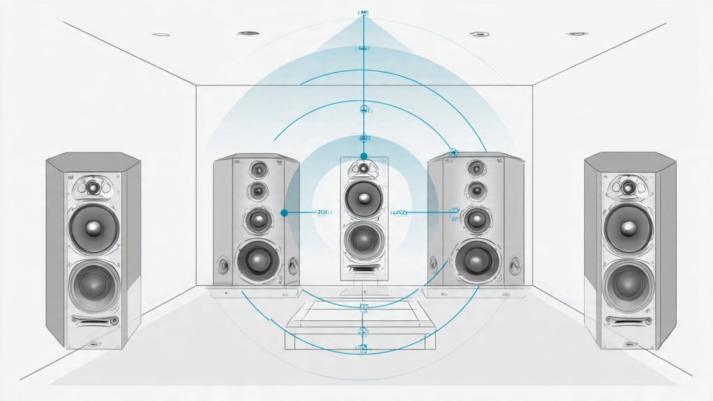 Infographic comparing 2.0 stereo, 5.1 surround sound, and 7.1.4 Dolby Atmos speaker layouts with labeled speaker placement relative to seating position.