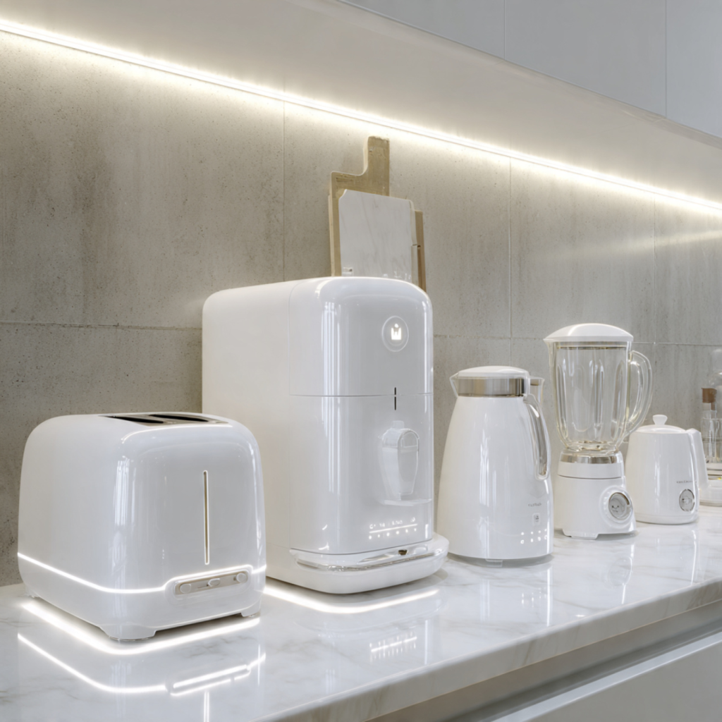 White smart compact appliances neatly arranged on a glossy white small kitchen countertop with soft reflections.