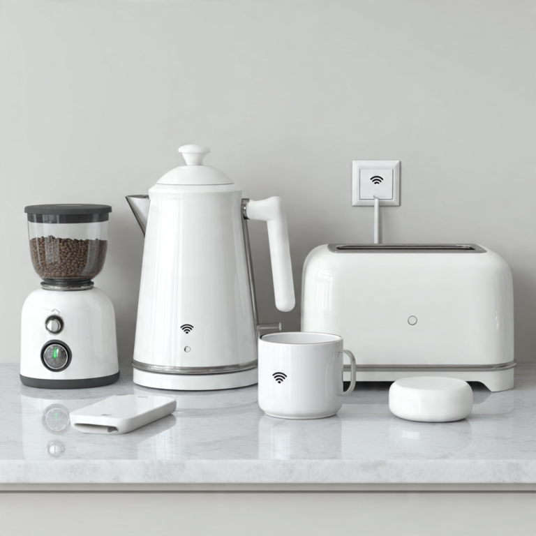 White kitchen tools connected to smart plugs and sensors on a clean glossy countertop.