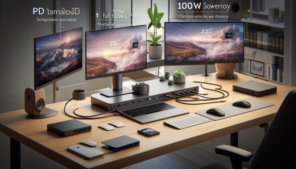 Budget USB-C docking stations delivering 100W PD, powering a laptop, dual monitors, and peripherals on a minimalist home office desk.