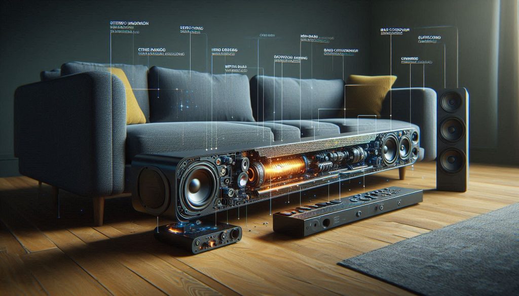 visual breakdown of a 2.1 soundbar system showing stereo drivers and a dedicated subwoofer