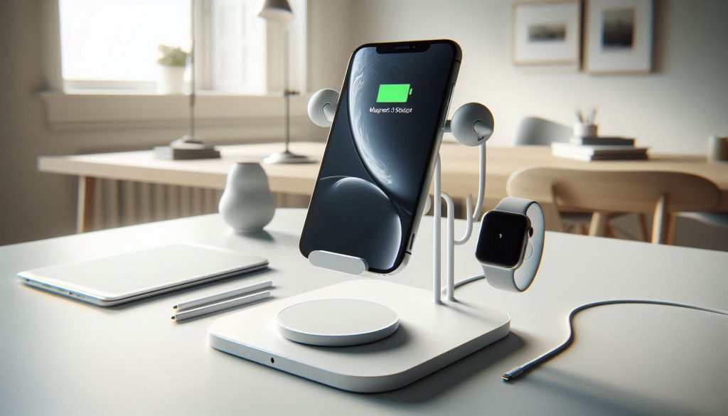 White 3-in-1 magnetic charging stand holding phone, tablet, and wireless earbuds pad on a modern desk, showing full functional versatility.