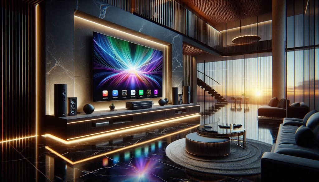 luxury penthouse home theater showing 4k hdr tv connected via eARC to a high-end soundbar, streaming devices and ultra high speed hdmi cables neatly arranged, glowing indicators illustrating passthrough and audio bitstream, hyper-realistic cinematic lighting and modern minimalist interior