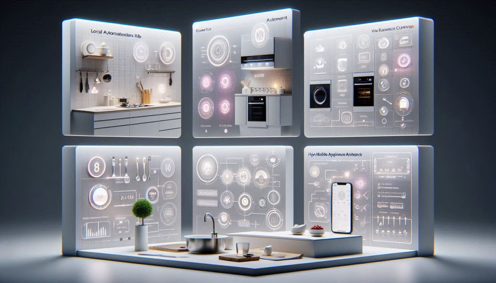 Four-panel digital white illustration showing a smart kitchen control system with local hub, cloud-connected display, voice assistant, and mobile dashboard in separate panels.