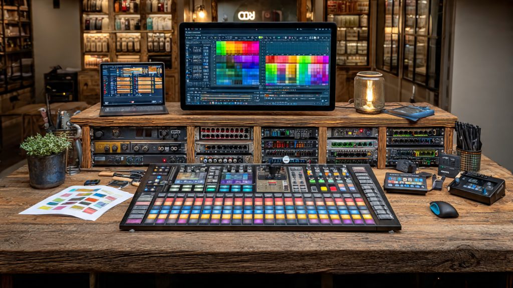 Lighting control workspace with console, network switches, wireless transceivers, and DMX planning