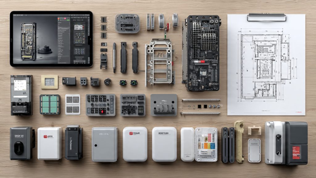 Professional lighting workspace with fixtures, hardware, power components, and 3D CAD model