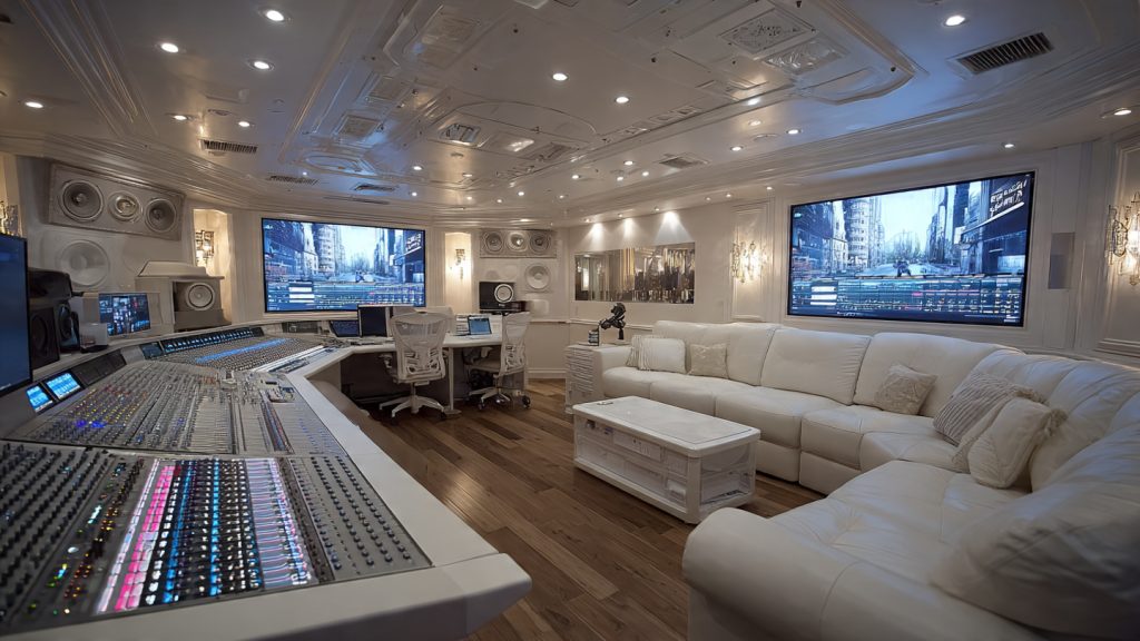 White luxury home theater showing coordinated lighting, sound, and minimalistic set with performers