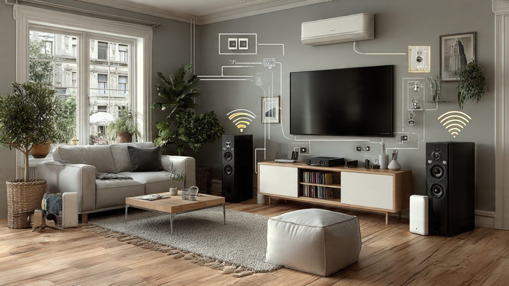 
Wireless HDMI transmitter reducing cable clutter in a clean home theater setup