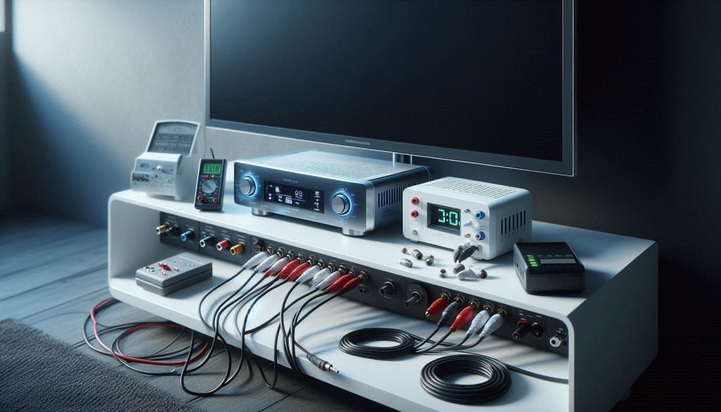 Old TV connected to a modern soundbar with RCA cables, converter, and professional AV tools.