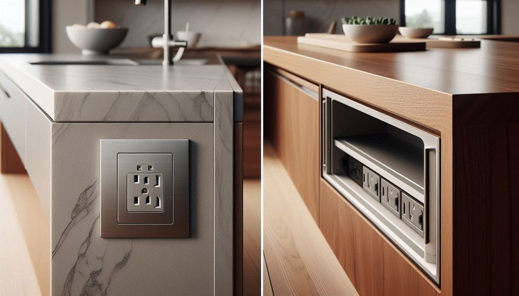 Comparison of pop-up and hidden kitchen outlets showing finish durability and visual impact.