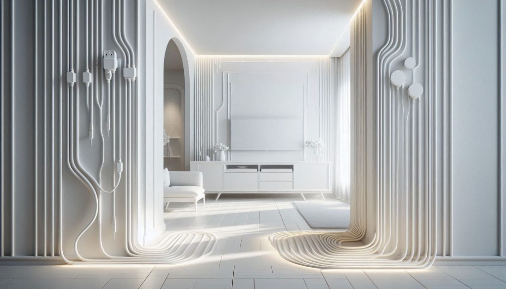 White minimalist living room with professionally managed and hidden cables for a clean, luxury home setup.