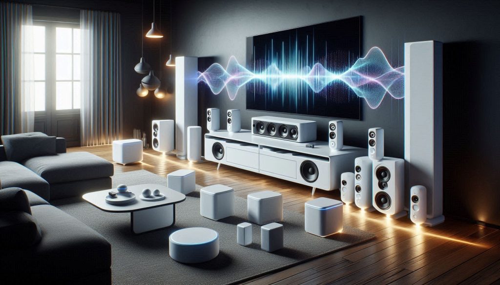 White Dolby Atmos soundbars and speakers with visualized sound waves, subwoofers, and DSP settings displayed on a tablet, TV in the background.